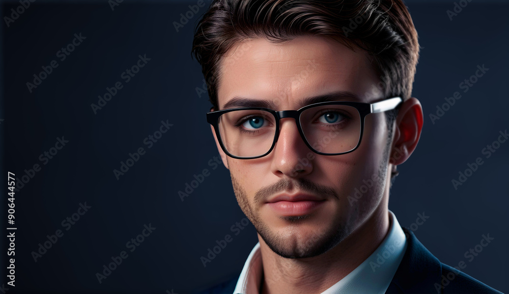 Portrait junger Mann mit Brille, Hemd und blauem Sakko