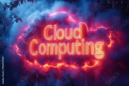 Modern neon Cloud Computing script, casting a vibrant glow on a dark background,