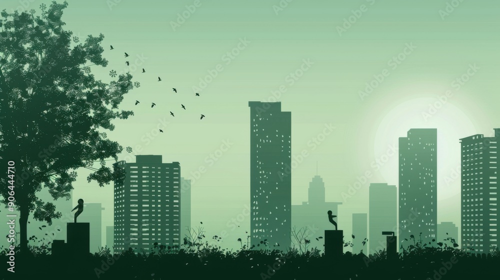 Naklejka premium Minimalism illustration, silhouette of a metro city park with modern sculptures and tall buildings, flat illustration on muted green background, empty copy space, lofi style illustration