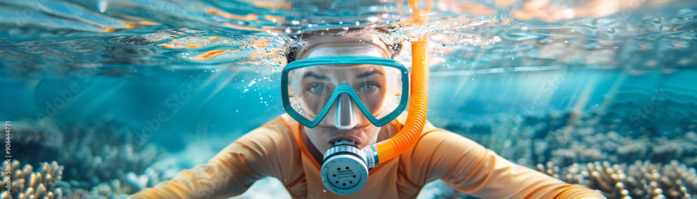 A woman is underwater wearing a snorkel and goggles. Concept of adventure and exploration, as the woman is diving into the ocean to explore the underwater world A woman is underwater wearing a snorkel and goggles. Concept of adventure and exploration, as the woman is diving into the ocean to explore the underwater world