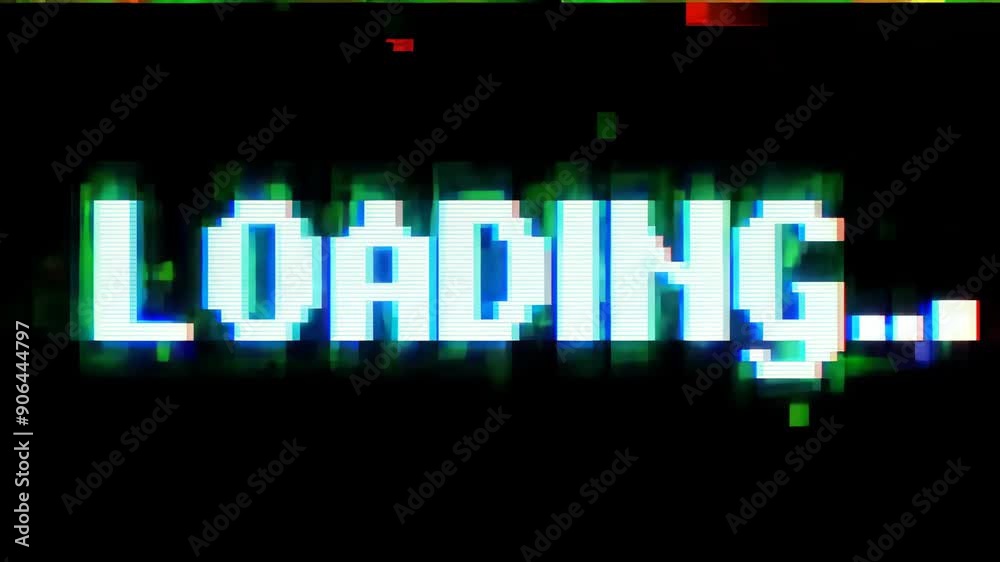 Retro animation of glowing green text LOADING with glitch effect on black background. 8 bit game progress screensaver. Comic style computer letters. Game design interface, console screen concept Retro animation of glowing green text LOADING with glitch effect on black background. 8 bit game progress screensaver. Comic style computer letters. Game design interface, console screen concept