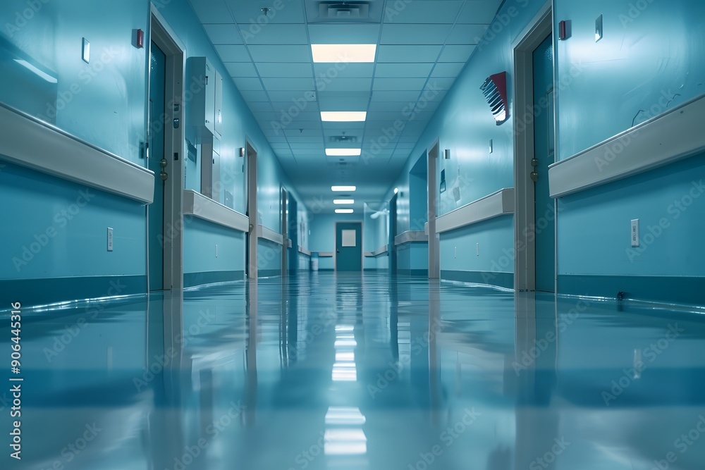 Serene Hospital Corridor with Reflective Floors and Soft Blue Walls
