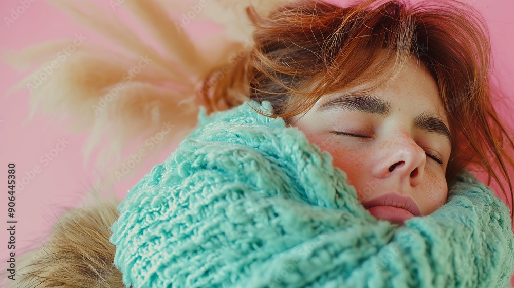 close up photo of a red-haired woman sleeping on a pink background with a turquoise knitted blanket and fur hood, minimalist and pastel colors close up photo of a red-haired woman sleeping on a pink background with a turquoise knitted blanket and fur hood, minimalist and pastel colors