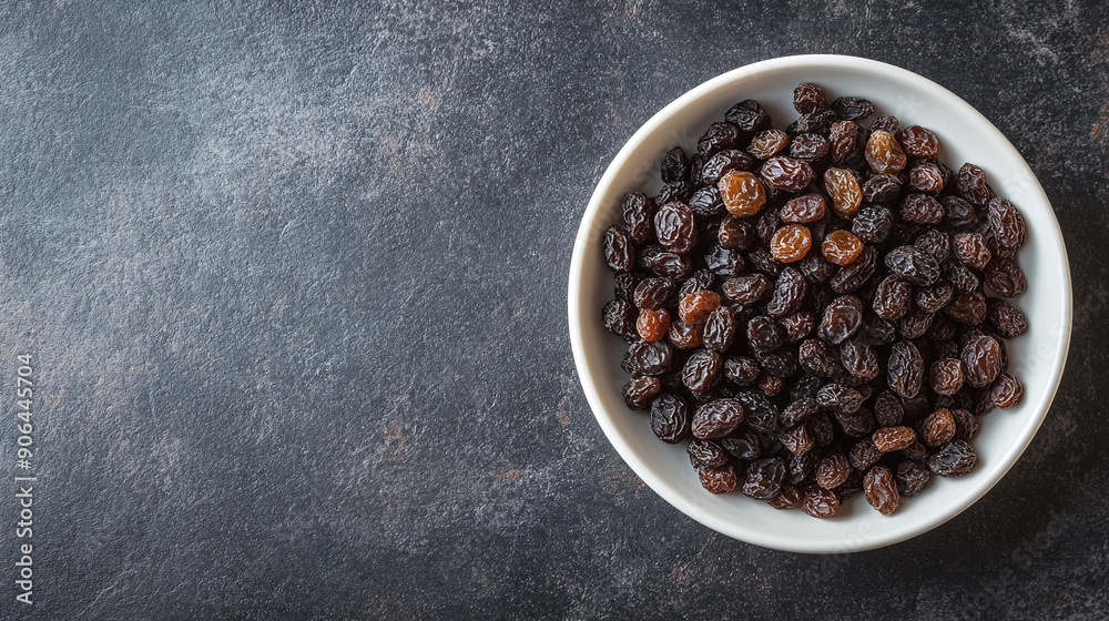 Black raisins in a white ceramic plate. Black raisins in a white ceramic plate.