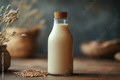 Clean representation of a bottle of barley milk with barley grains placed around it,