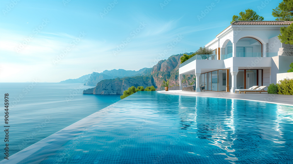 Fototapeta premium Traditional Mediterranean house with swimming pool on the hill with sea views. Summer vacation background