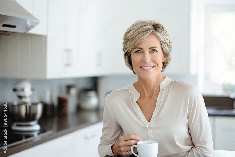 Smiling mature woman enjoying a cup of tea in a bright kitchen Smiling mature woman enjoying a cup of tea in a bright kitchen