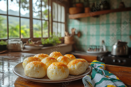 Minimalist scene featuring a Brazilian pÃ£o de queijo (cheese bread) with a Brazilian flag, on a simple plate, photo