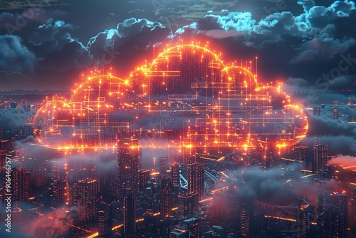 "Generative AI Image of Cloud Computing and Digital Data Transfer, Featuring a Networked Computing Infrastructure Spanning Cities, Countries, and the Globe with a Virtualization Approach"