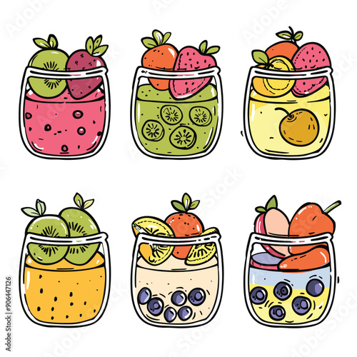 Colorful fruit smoothie jars handdrawn illustration. Six assorted smoothies layers fruits mason jars, cartoon style. Fruity drink concept, colorful beverages, fun healthy eating theme