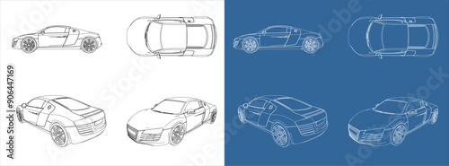 vector race car line art draw blueprint from all view top corner side back isolated in transparent background