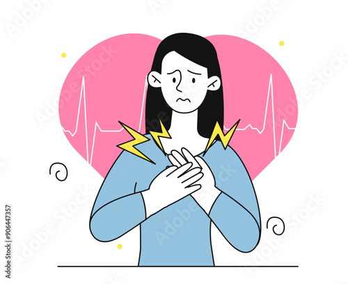 Woman with heart attack. Young girl holds her hands on her chest. Person suffer from ache, heart stroke. Stress and panic. Health care and medicine, emergency aid. Linear vector illustration