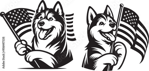 Siberian Husky Dog USA Flag Stylized Vector Set