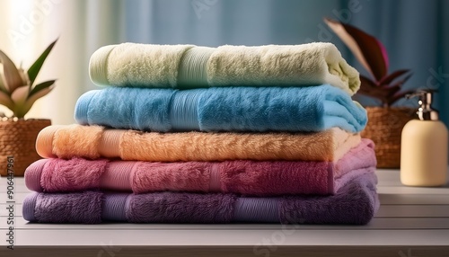 tack of plush, single-color bath towels in a range of bright hues, arranged for a chic and functional bathroom display