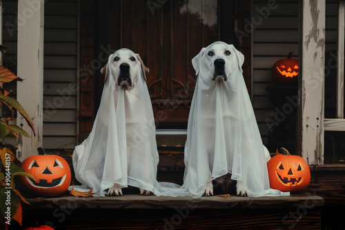 Dogs dressed as ghosts beside pumpkin lanterns. Generative AI image