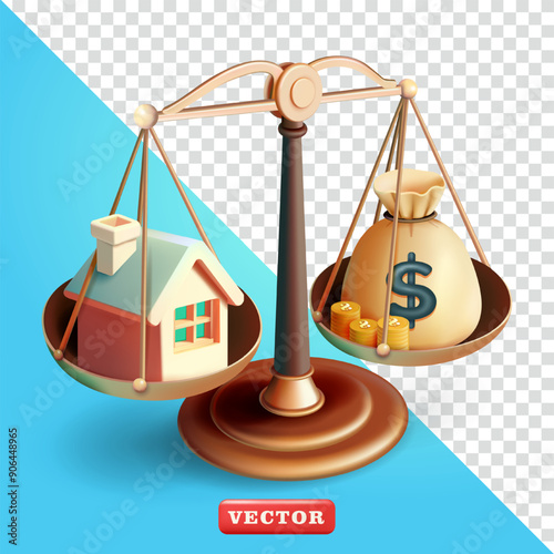 Money scales and house, 3d vector. Suitable for business, property and design elements