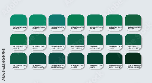 Sacramento Color Palette, Sacramento Color Guide Palette with Color Names. Catalog Samples of Green with RGB HEX codes and Names. Dark Green Colors Palette Vector, Fashion Trend Sacramento Green Color