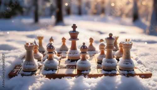 chess board in the snow with figures covered in frost and ice, winter landscape and game concept
