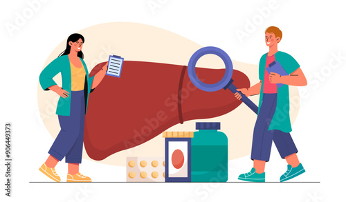 Doctors check liver. Man and woman in medical suits with magnifying glass checking internal organ. Health care and medicine. Diagnosis and treatment, research. Flat vector illustration