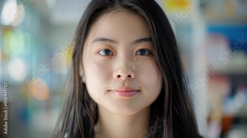 Wallpaper Mural Engaging close-up portrait of a young Chinese female teacher in a vibrant classroom setting Torontodigital.ca
