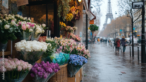 flowers in the market, a flower shop in Paris with a beautiful street view on the ground floor, flowers in the street market photo