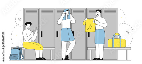 Men in locker room. Young guys change clothes after training. Sports team in gym. Fitness and workout. People change sportswear to streetwear. Linear vector illustration