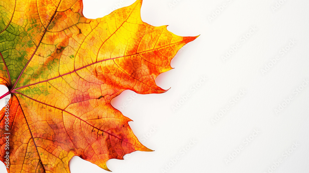 Aesthetic maple leaf with vibrant autumn colors, copy space, white background, presentation template. Generative AI Aesthetic maple leaf with vibrant autumn colors, copy space, white background, presentation template. Generative AI