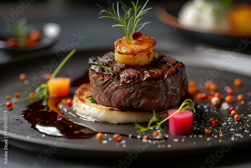 Obraz na płótnie Grilled Beef. Professional Garnish, Fine Dining, Michelin Chef Plate, Old Fashion, Classic. Beef Steak With Vegetable Decoration w salonie