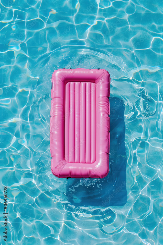 Pink Air Mattress In Swimming Pool With Blue Water. Summer Vacation Concept. View From Above. Beach Summer Holiday Background. Pink Lilo And Summertime Accessories On Poolside. Copy Space