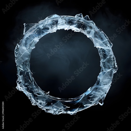 Frozen circle frame on black background. Abstract illustration ice ring with free space