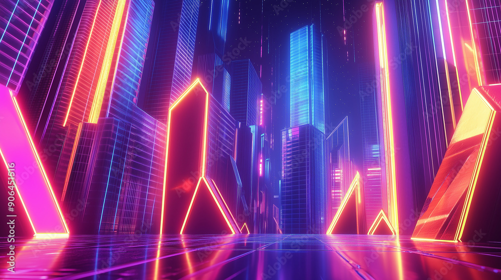 A cityscape with neon lights and buildings in the background. The city is lit up in neon colors, giving it a futuristic and vibrant atmosphere A cityscape with neon lights and buildings in the background. The city is lit up in neon colors, giving it a futuristic and vibrant atmosphere