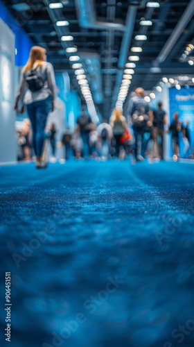 Blurred Blue Carpet at Convention Center with Pedestrians in the Background, Conveying the Dynamic Atmosphere of a Conference Venue