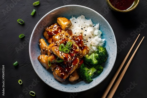 General Tso’s Chicken crispy Chinese chicken bites in a black bowl with rice and steamed broccoli florets, horizontal view from above
