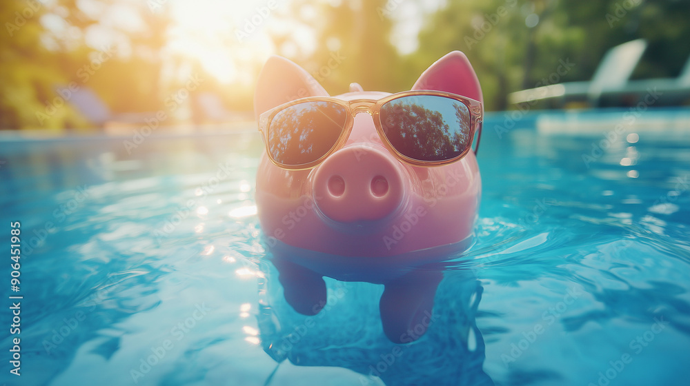 Piggy bank with sunglasses floating in a pool under the sun. Fun and whimsical scene perfect for summer and savings themes