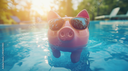 Obraz na płótnie Piggy bank with sunglasses floating in a pool under the sun. Fun and whimsical scene perfect for summer and savings themes w salonie