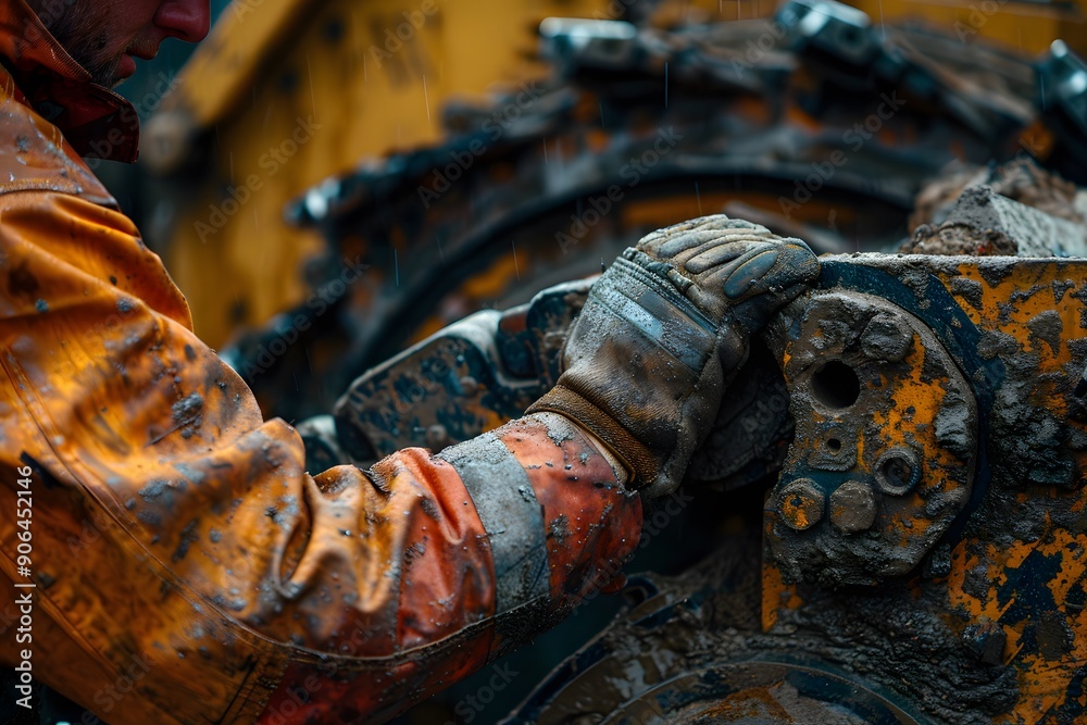 Fototapeta premium Close-Up of a Worker Operating Heavy Machinery in Muddy Conditions