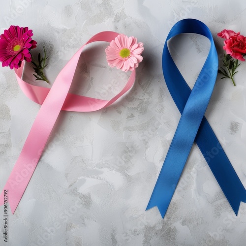 pink and blue awareness ribbons with flowers on a grey background for breast cancer and prostate cancer awareness. photo