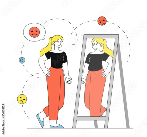 Woman with mental disorder. Young girl with psychological problems. Person with anorexia look at mirror. Negative feelings and emotions. Linear vector illustration