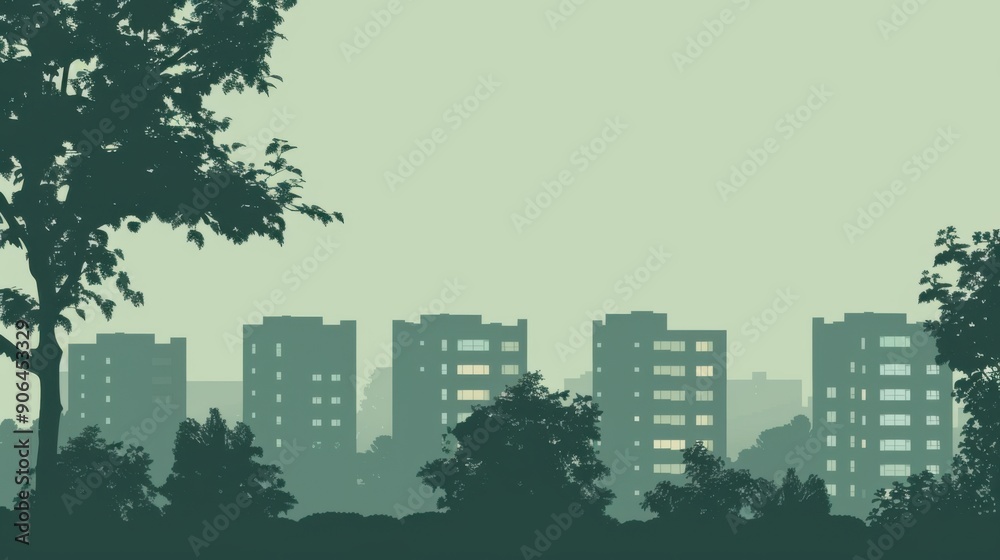 Minimalism illustration, silhouette of an urban residential area with apartment buildings and trees, flat illustration on muted green background, empty copy space. Minimalism illustration, silhouette of an urban residential area with apartment buildings and trees, flat illustration on muted green background, empty copy space.
