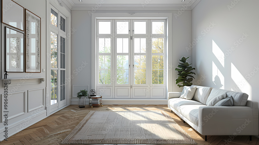 Fototapeta premium A bright and airy living room with large windows, hardwood floors, and a white couch. Sunlight streams through the windows, illuminating the room.