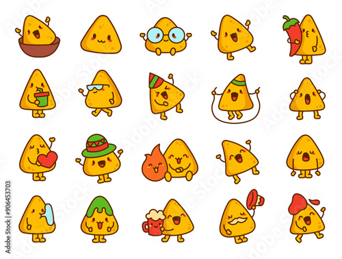 Cute kawaii nachos character. Funny cartoon food. Hand drawn style. Vector drawing. Collection of design elements.