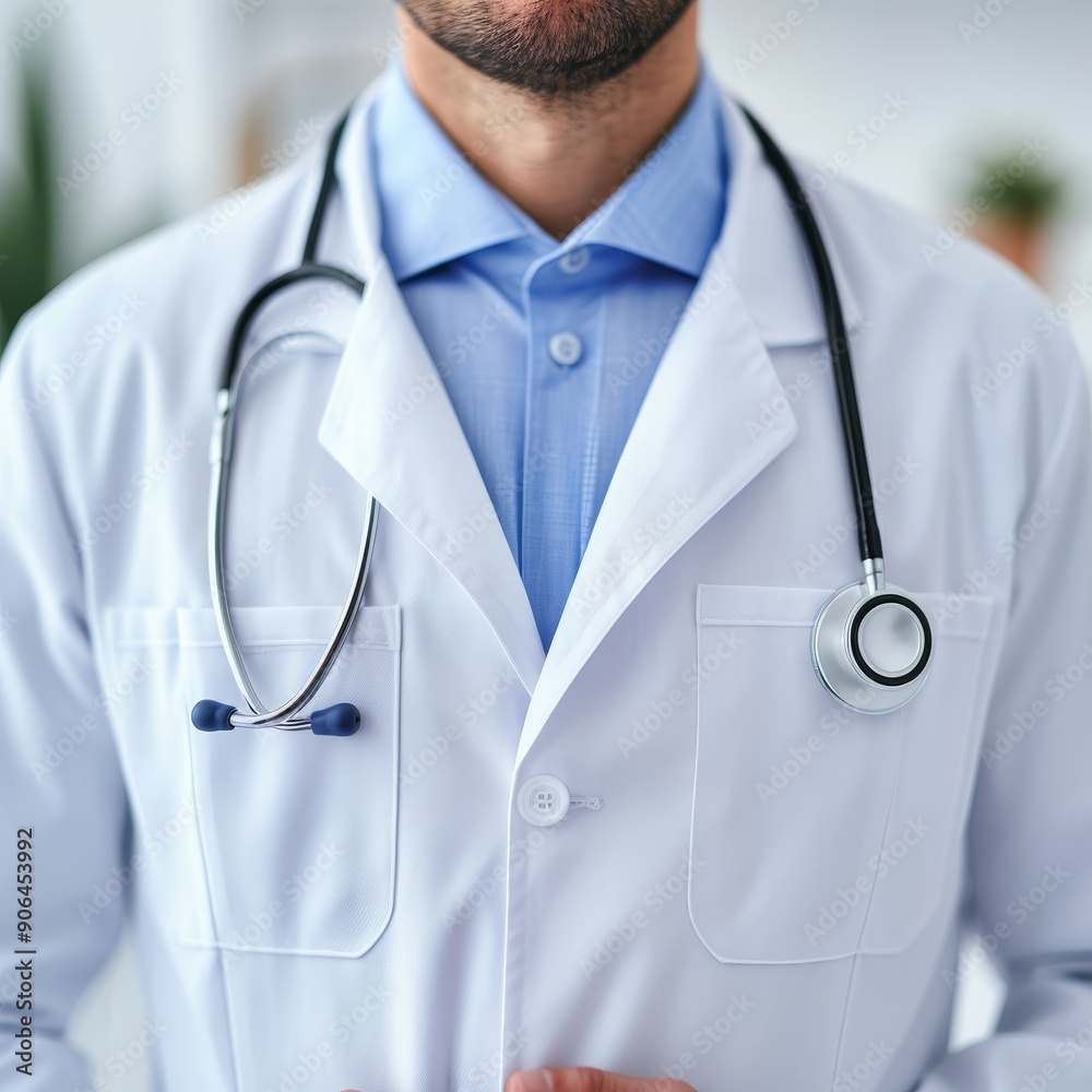 close-up of a doctor's white coat with stethoscope - healthcare professional, medical uniform, medical symbol, physician, doctor, clinic, hospital, he