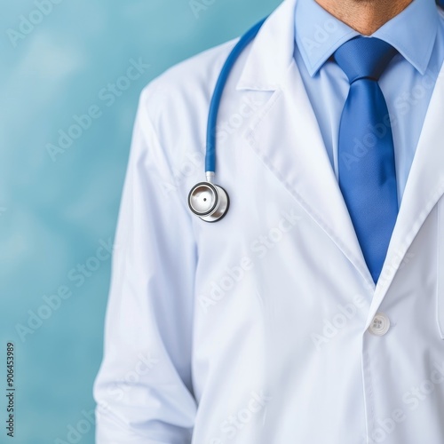 close-up of a doctor's white coat with stethoscope and blue tie - healthcare professional medical uniform symbol of care and trust