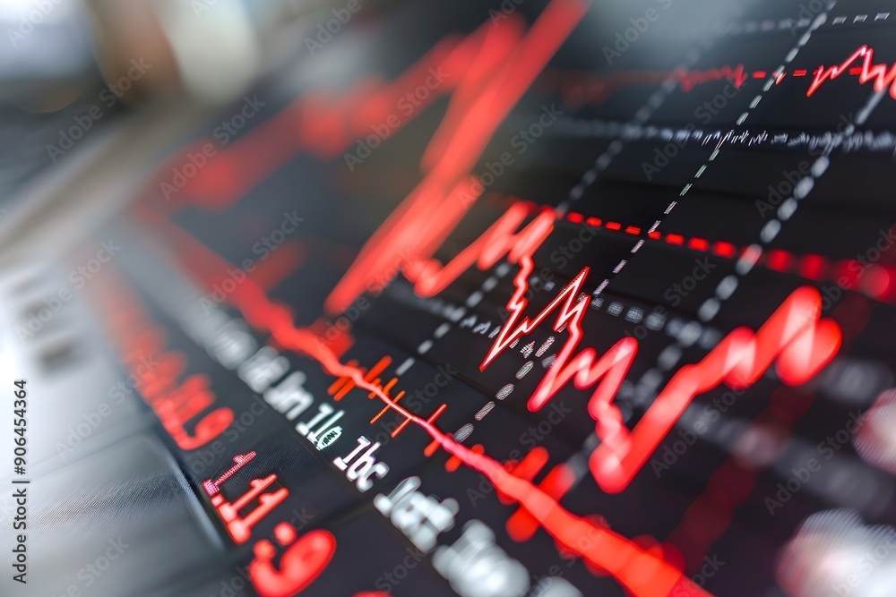 Stock Market Trends Displayed on a Digital Screen with Red Graphs Stock Market Trends Displayed on a Digital Screen with Red Graphs