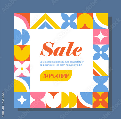 Mosaic special sale. Flyer in swiss style. Discounts and promotions. Offer for regular clients and customers. Booklet and leaflet. Flat vector illustration
