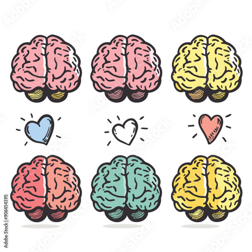 Series human brain illustrations cartoon style colors varying pink, yellow, red, turquoise, glowing light bulb concept ideas. Handdrawn brains expressing love, creativity, pairing lightbulbs