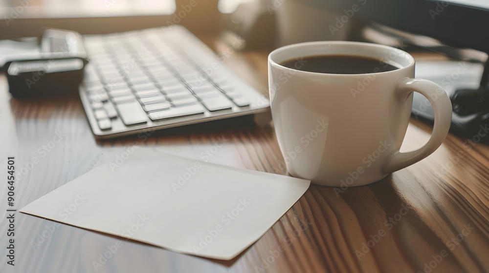 Close-up of a white sticky note on an office desk with a cup of coffee and computer keyboard Close-up of a white sticky note on an office desk with a cup of coffee and computer keyboard