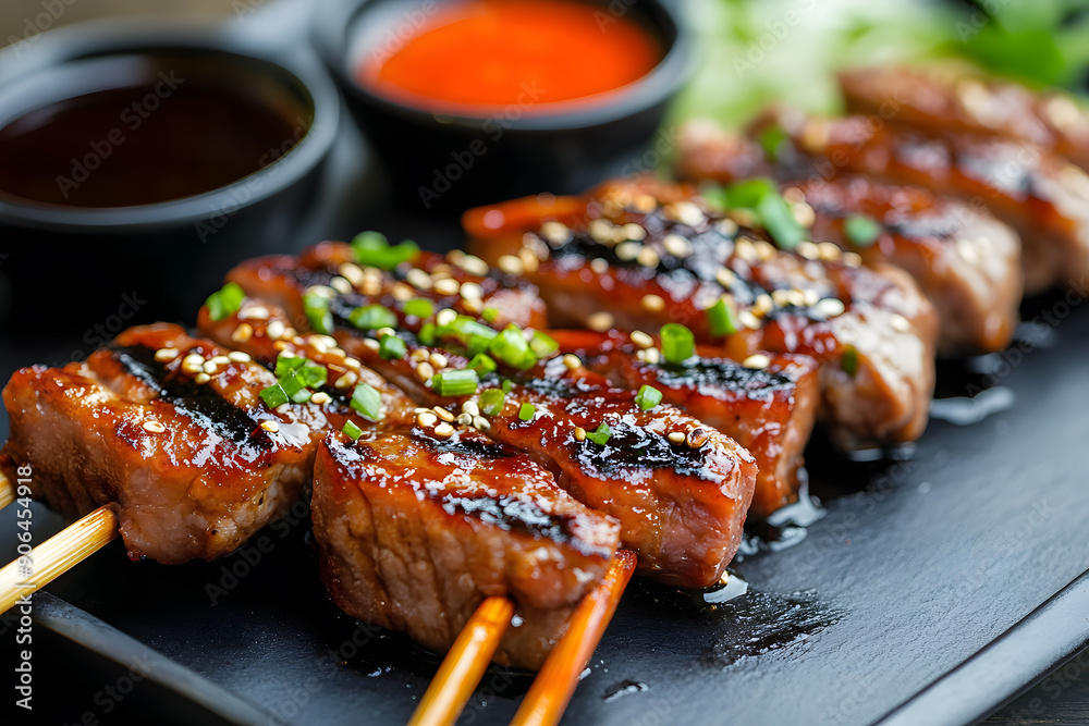 Grilled meat skewers on plate, barbecue lunch cooked perfectly Grilled meat skewers on plate, barbecue lunch cooked perfectly