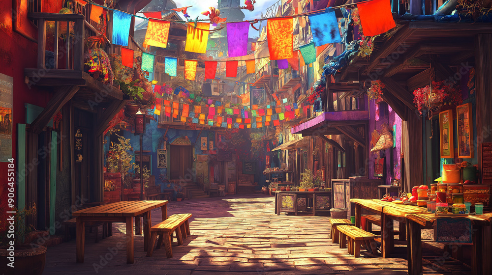 Obraz premium A colorful street scene with vibrant flags hanging across, wooden tables, and buildings in various shades, creating a festive and lively atmosphere