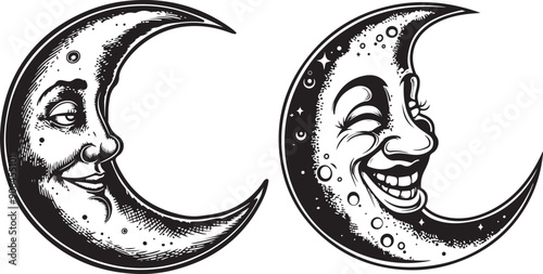 Half Moon Faces Stylized Silhouette Vector Set